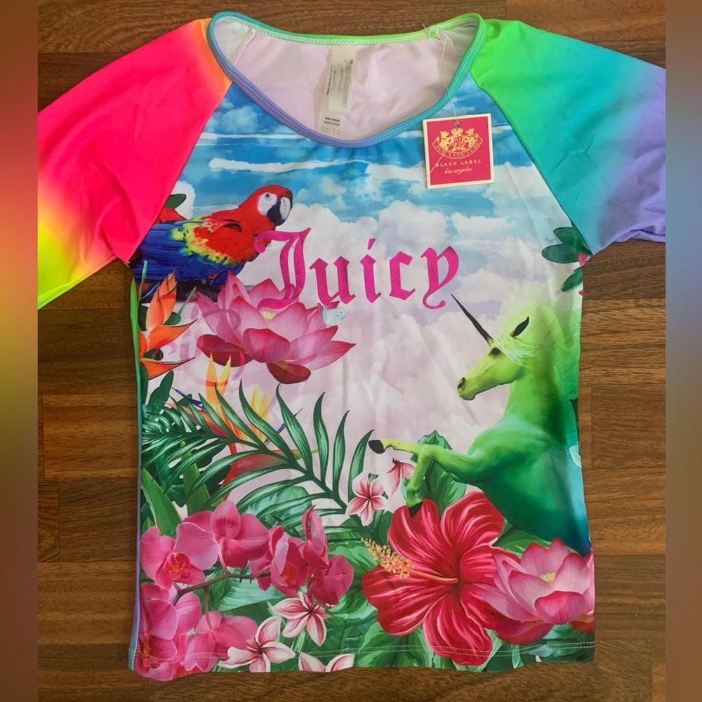 Juicy Couture Girl's 10/12 New Rainbow Unicorn Parrot Swim Shirt Beach RN 146342